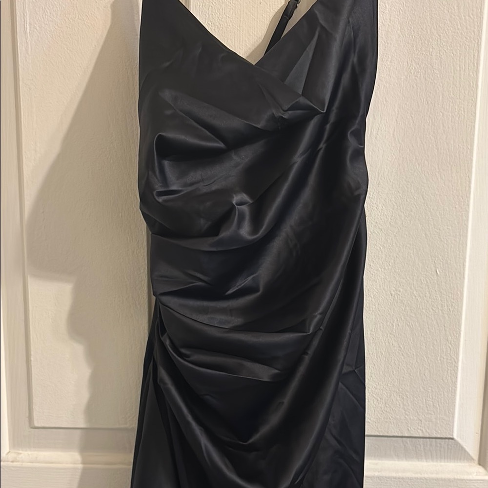 Black Ruched Asymmetrical One Shoulder Cocktail Dress